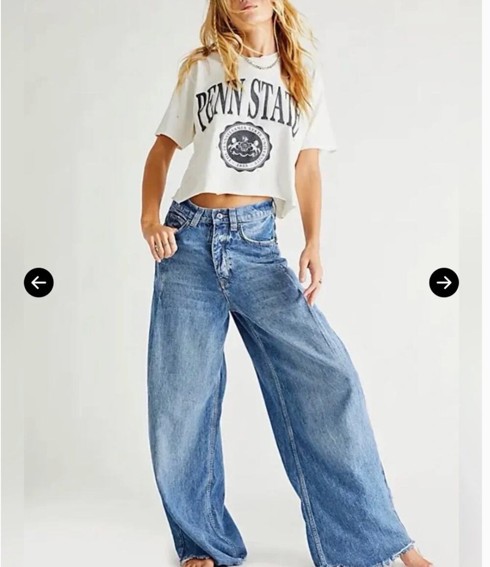 Free People We The Free Old West Slouchy Jeans 25 Wide Leg Raw Hem Blue Denim